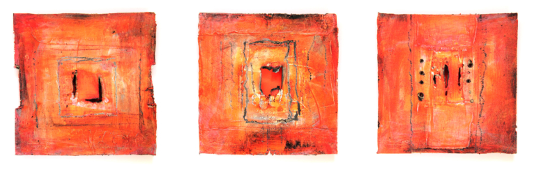 aus dem Zyklus KRAFTFELDER - Acryl, Öl und Ruß auf Holzfaserplatte, jeweils 15 x 15 cm