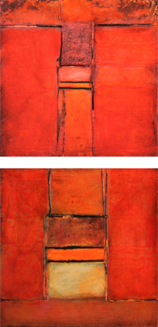 aus dem Zyklus KRAFTFELDER - zweiteilig - Acryl, Öl und Ruß auf Holzfaserplatte, jeweils 50 x 50 cm