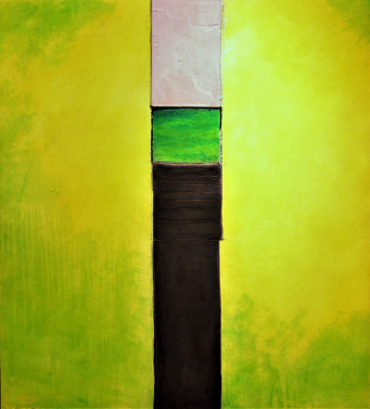 aus dem Zyklus KRAFTFELDER: "Wege zum Grünen Feld 1" - Acryl, Öl, Ruß und Beton auf Holzfaserplatte, 100 x 110 cm