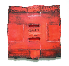 aus dem Zyklus KRAFTFELDER - Acryl, Öl und Ruß auf Holzfaserplatte, mehrschichtig mit Leuchtpapier hinterlegt, 38 x 38 cm