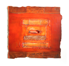 aus dem Zyklus KRAFTFELDER - Acryl, Öl und Ruß auf Holzfaserplatte, mehrschichtig mit Leuchtpapier hinterlegt, 38 x 38 cm