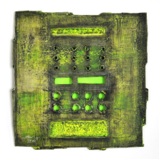 aus dem Zyklus KRAFTFELDER - Acryl, Öl und Ruß auf Holzfaserplatte, mehrschichtig mit Leuchtpapier hinterlegt, 38 x 38 cm