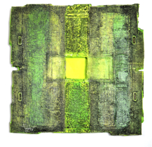 aus dem Zyklus KRAFTFELDER - Acryl, Öl und Ruß auf Holzfaserplatte, mehrschichtig mit Leuchtpapier hinterlegt, 38 x 38 cm