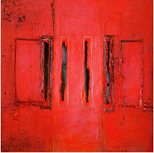 aus dem Zyklus KRAFTFELDER - Acryl, Öl und Ruß auf Holzfaserplatte,  jeweils 32 x 32 cm