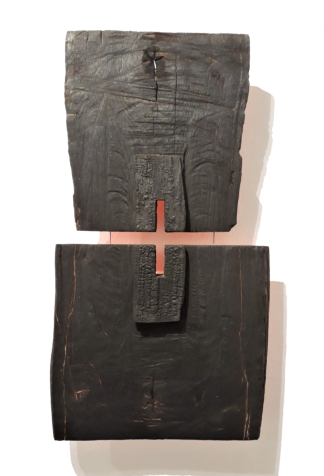 aus dem Zyklus BRANDOBJEKTE, zweiteilig - Holz, Feuer, Rückseite rot bemalt  42 x 88 x 10 cm